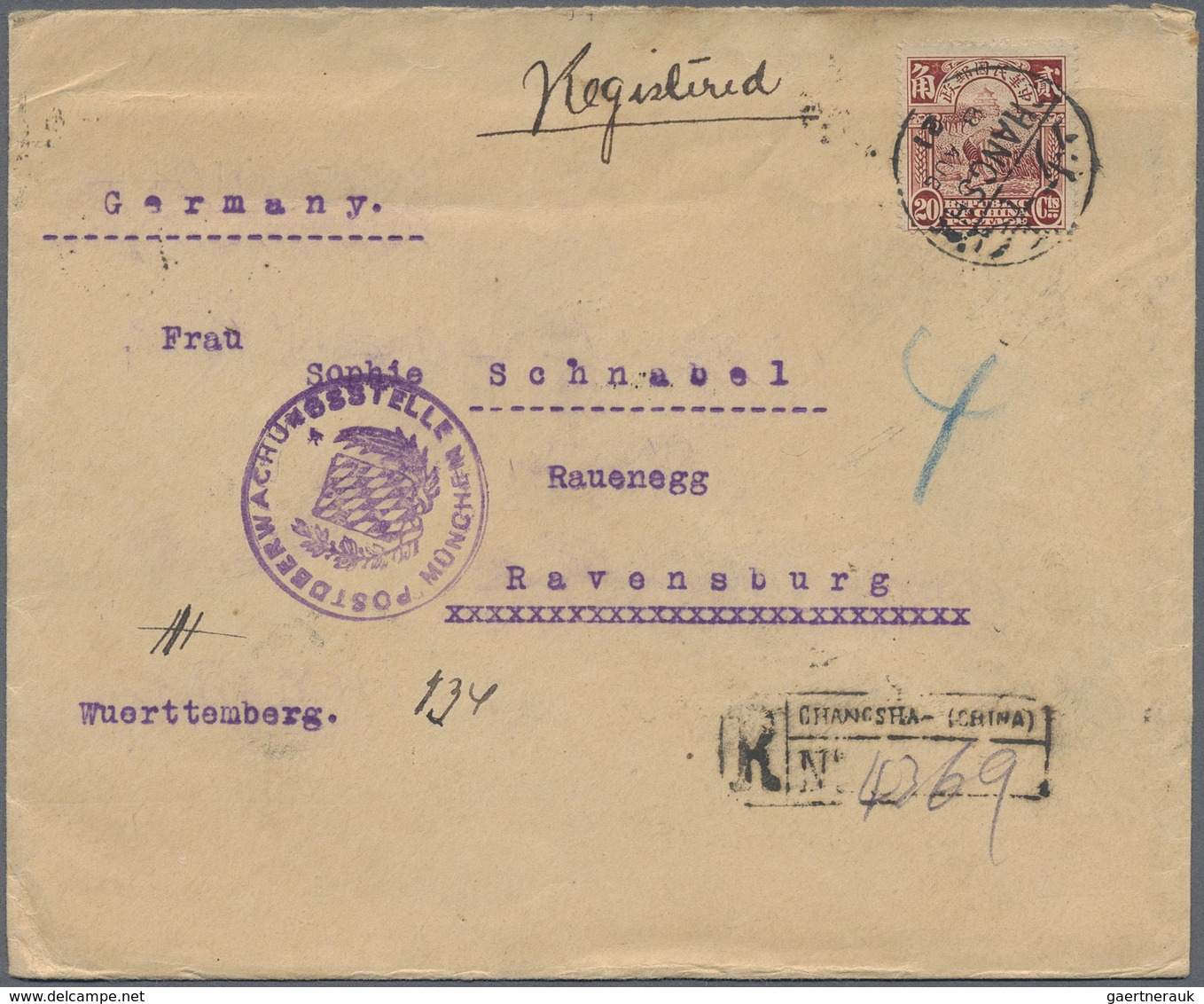 Br China: 1914, Reaper 20 C. Tied Bisected Bilingual „CHANGSHA 8 AUG 21“ To Registered Cover Via Shangh - Andere & Zonder Classificatie