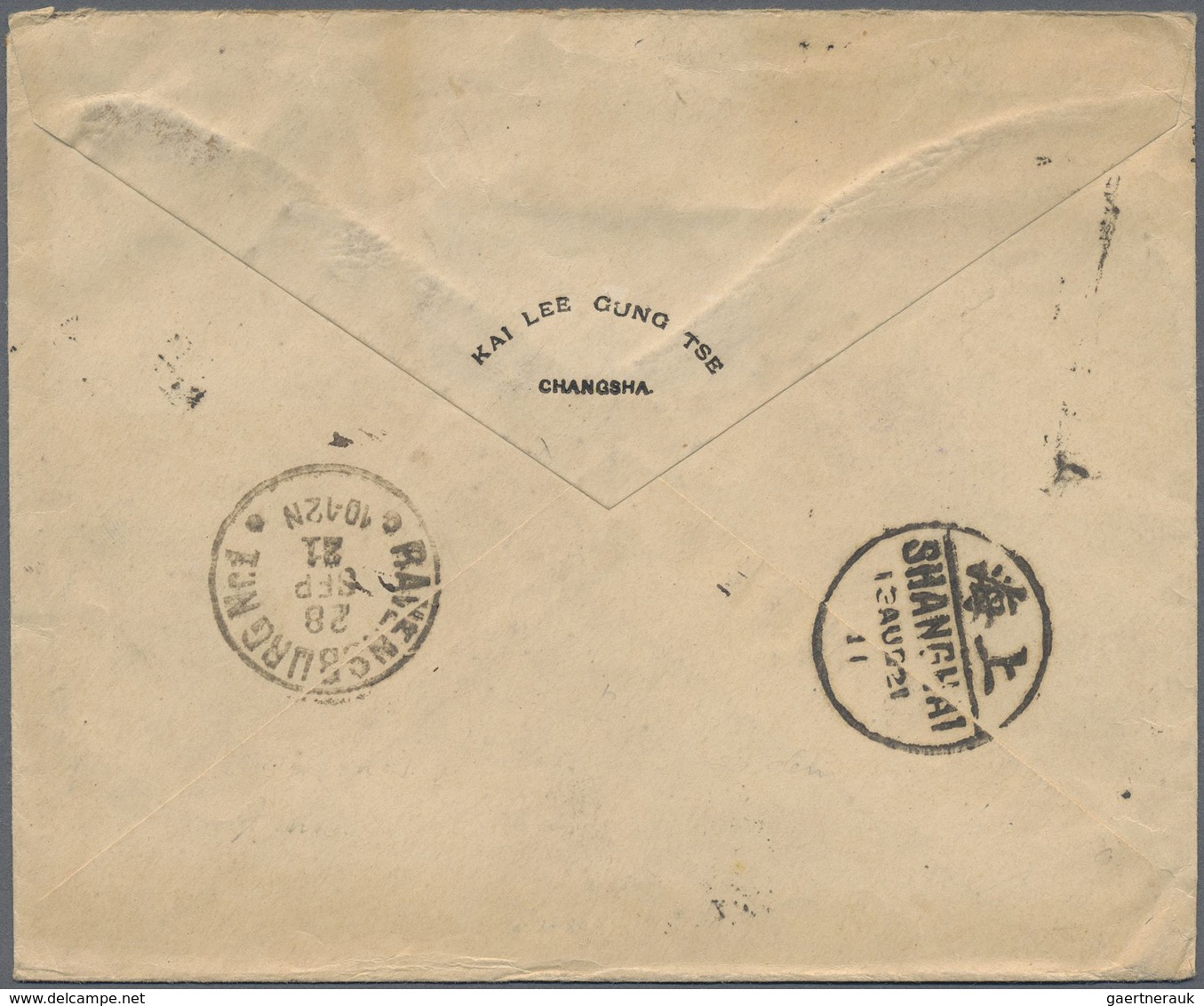 Br China: 1914, Reaper 20 C. Tied Bisected Bilingual „CHANGSHA 8 AUG 21“ To Registered Cover Via Shangh - Andere & Zonder Classificatie