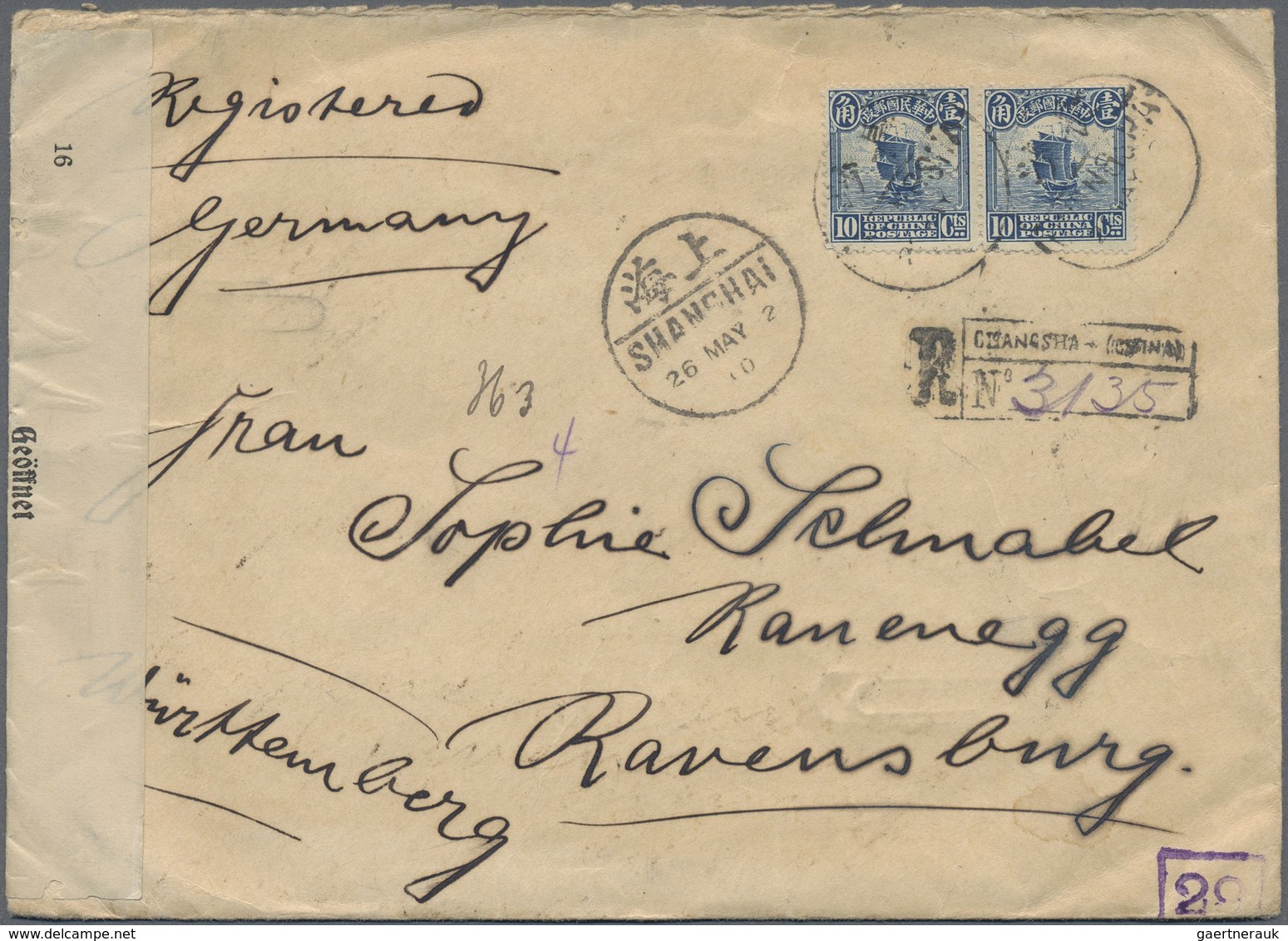 Br China: 1914, Junk 10 C. Pair Tied Two Strikes Bisected Bilingual „CHANGSHA 23 MAY 22“ To Registered - Other & Unclassified