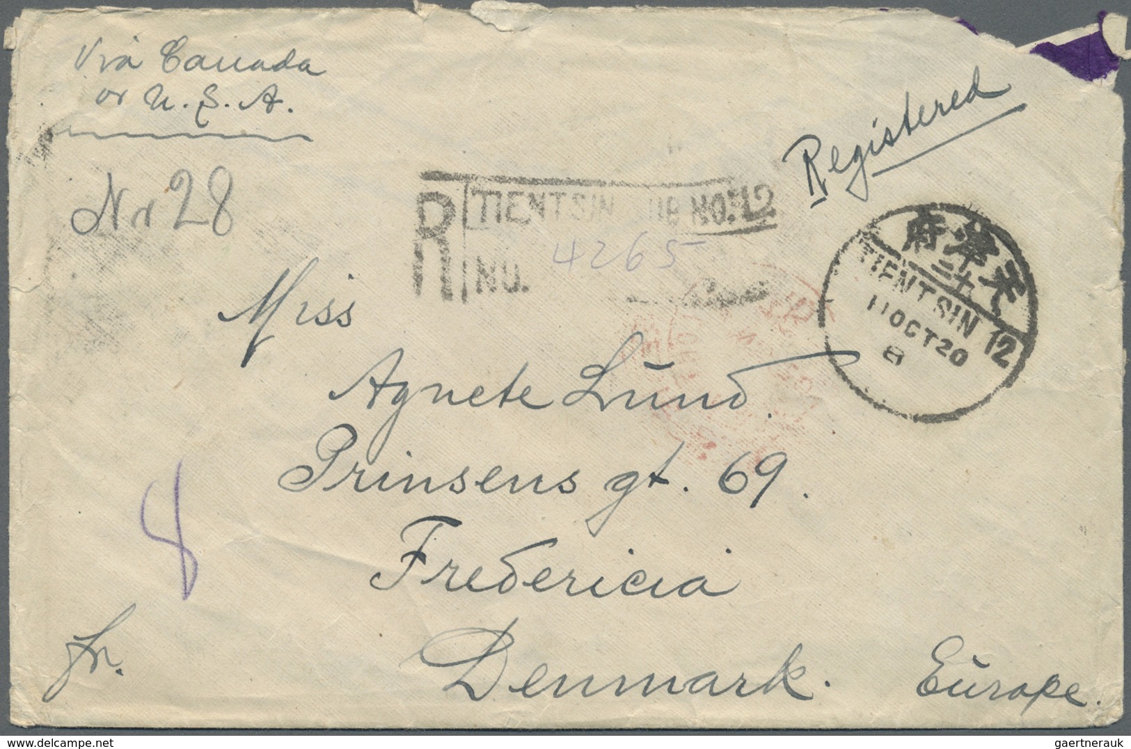 Br China: 1920. Registered Envelope (roughly Opened) Addressed To Denmark Bearing SG 269, 1c Orange (6) - Andere & Zonder Classificatie