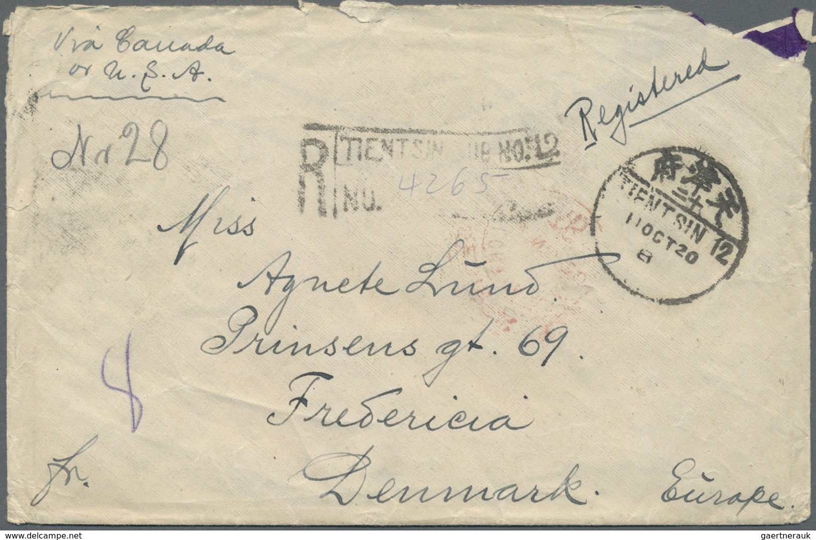 Br China: 1920. Registered Envelope (roughly Opened) Addressed To Denmark Bearing SG 269, 1c Orange (6) - Other & Unclassified