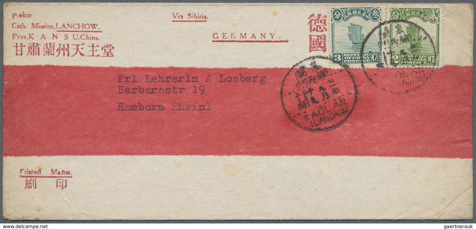 Br China: 1923, Two Preprinted Red Band Cover From The "Cath. Mission Lanchow" As Printed Matter With J - Andere & Zonder Classificatie