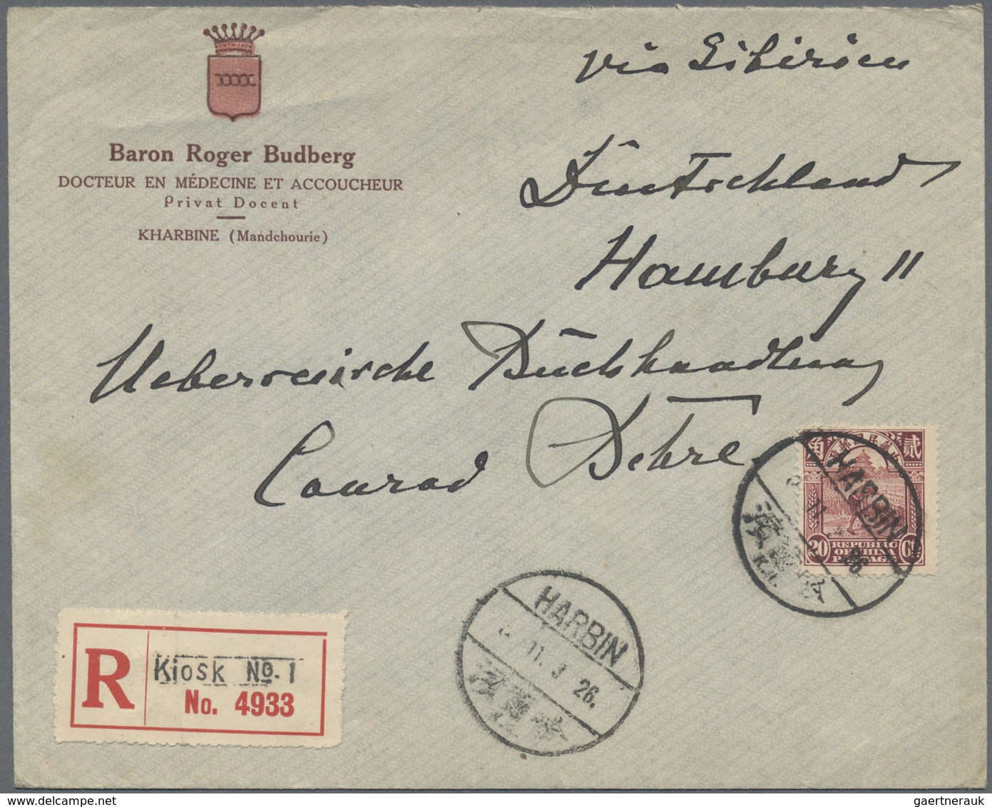 Br China: 1923, Postal Kiosk: Reaper 20 C. Tied "HARBIN 11.3.26/K.1" To Registered Cover To Germany W. - Andere & Zonder Classificatie