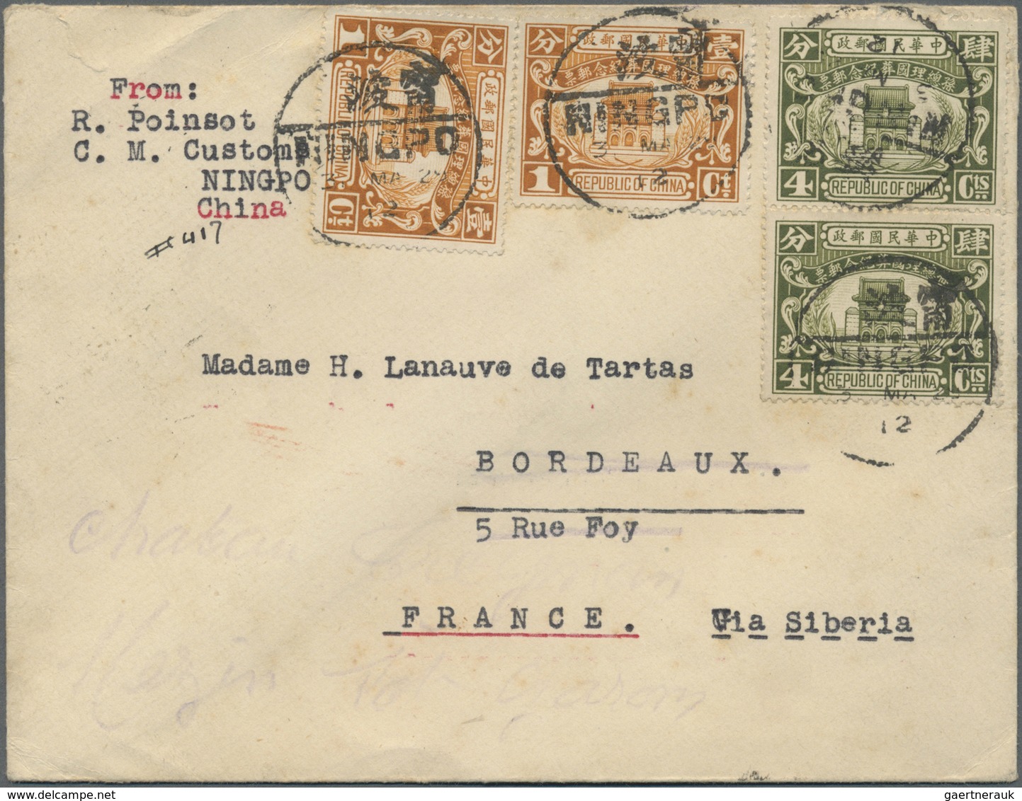 Br China: 1929, Sun Yat-Sen 1 C. (2), 4 C. (pair) Tied Four Strokes Bisected Bilingual "NINGPO 3 MAR 29 - Other & Unclassified