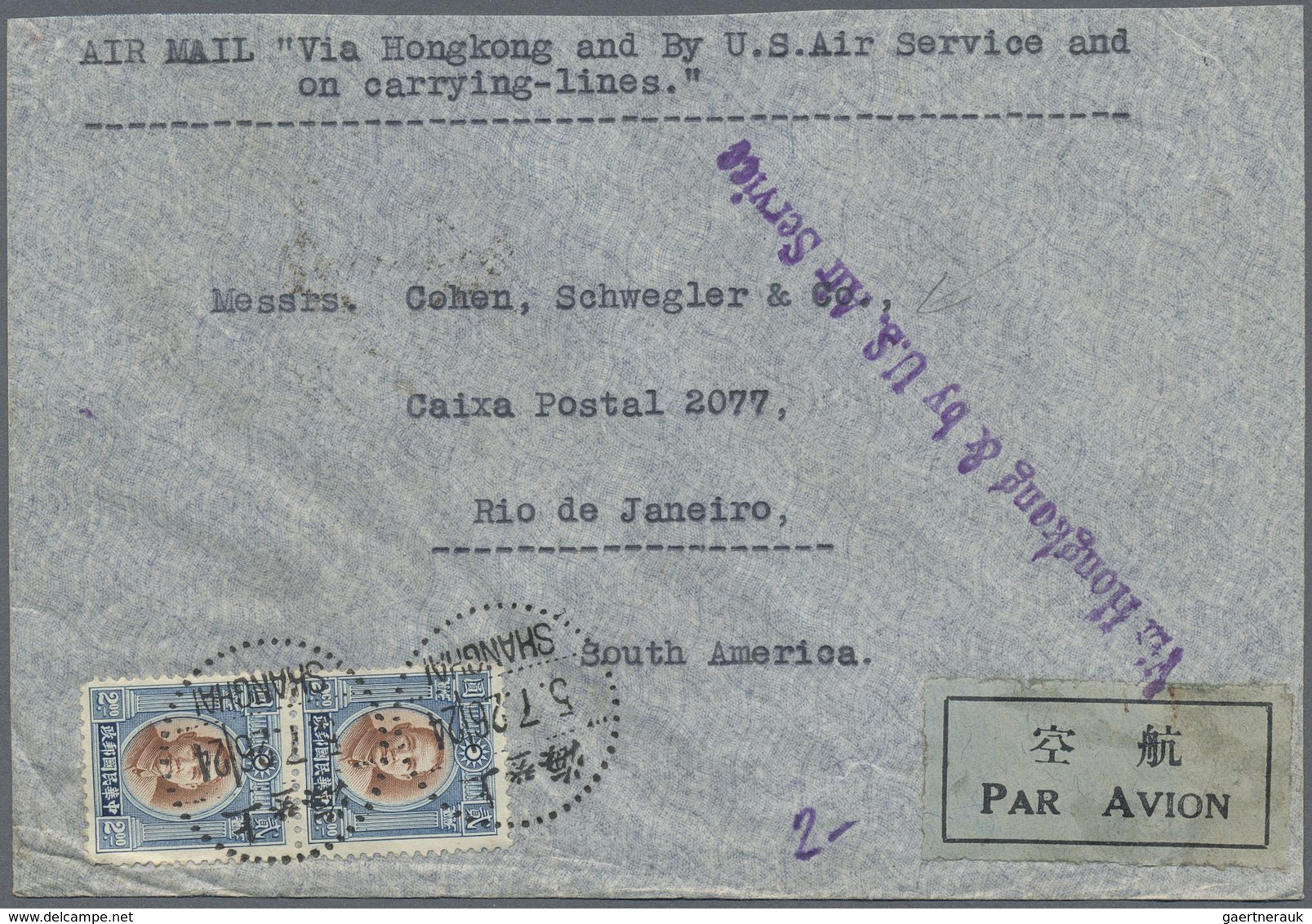 China: 1932, SYS $2 Pair Tied „SHANGHAI 5.7.26“ (July 5, 1937) To Air Mail Cover To Rio De Janeiro/B - Andere & Zonder Classificatie