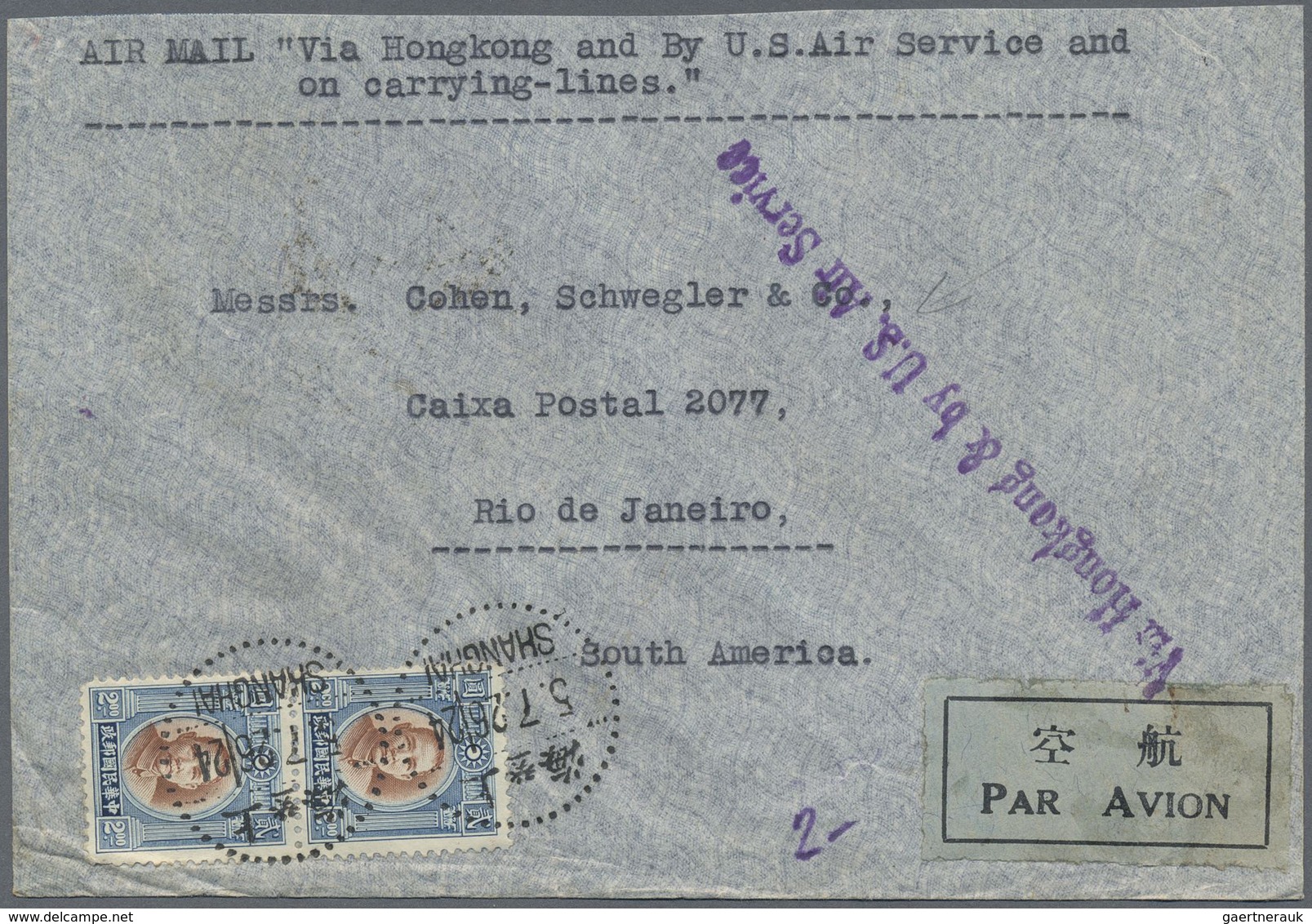 China: 1932, SYS $2 Pair Tied „SHANGHAI 5.7.26“ (July 5, 1937) To Air Mail Cover To Rio De Janeiro/B - Other & Unclassified