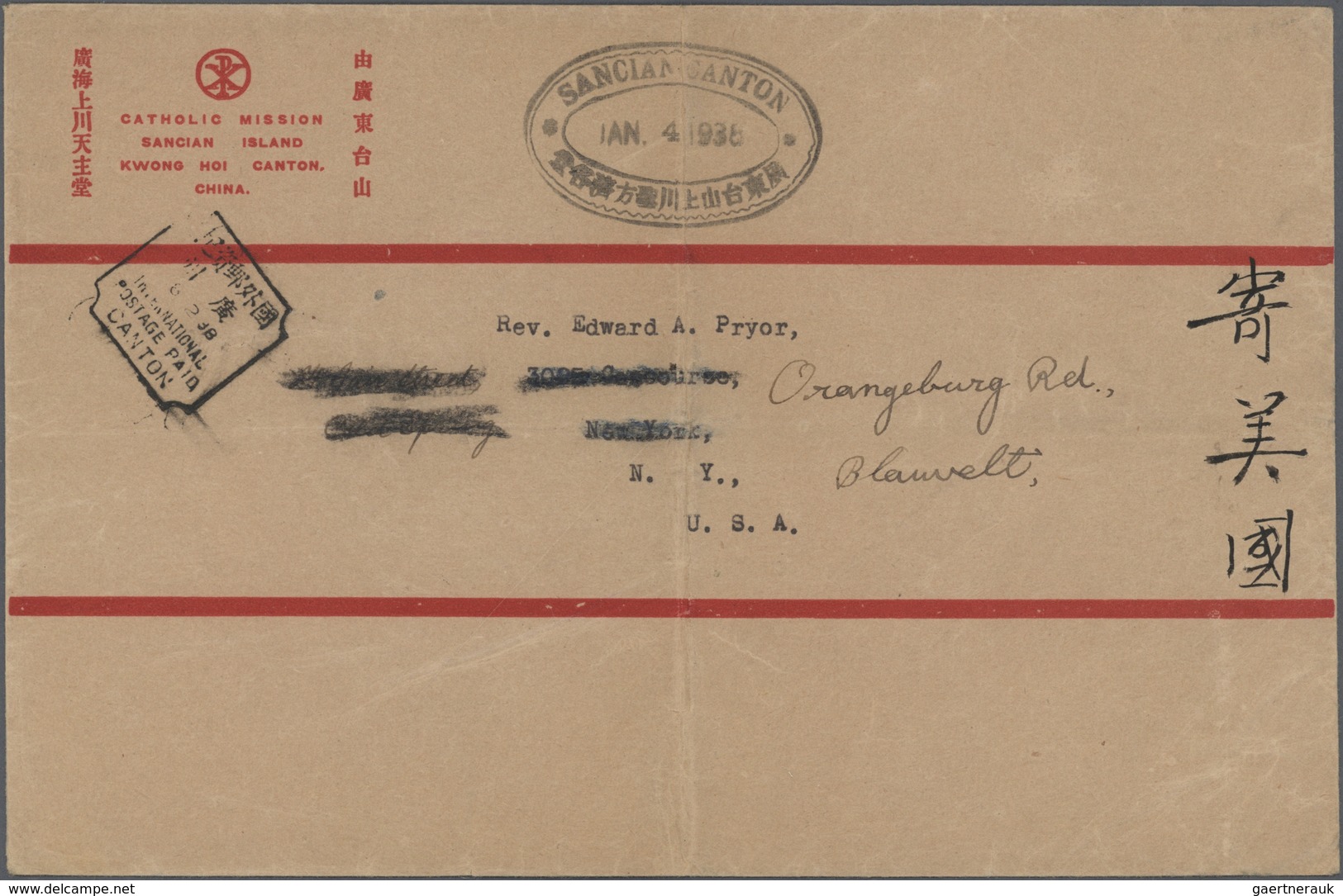 Br China: 1938 (4 Jan.) Sancian Island Unfranked Printed Matter Envelope To U.S.A. Showing Origin D.s(4 - Other & Unclassified