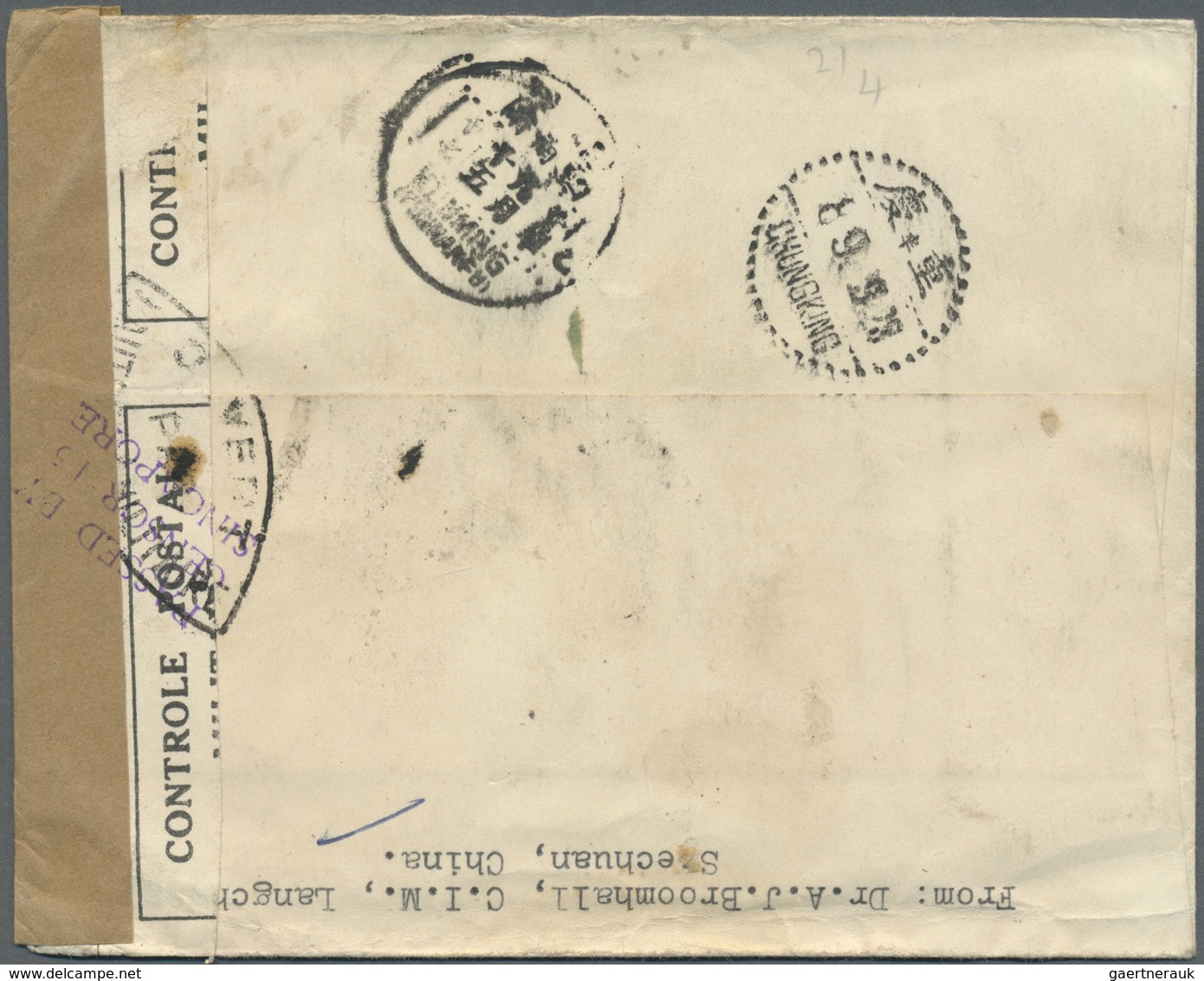 Br China: 1940. Air Mail Envelope Written From 'The China Inland Mission, Langchun, Szechuan, China' Ad - Other & Unclassified