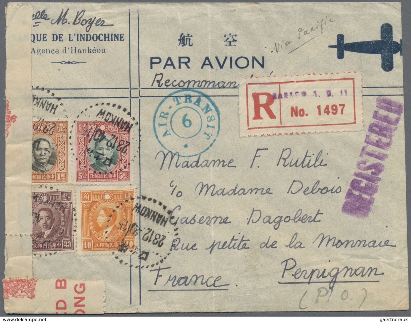 Br China: 1940, SYS $6.70 Franking Tied "HANKOW 23.12.40" To Registered Air Mail Cover To Perpignan/Fra - Andere & Zonder Classificatie