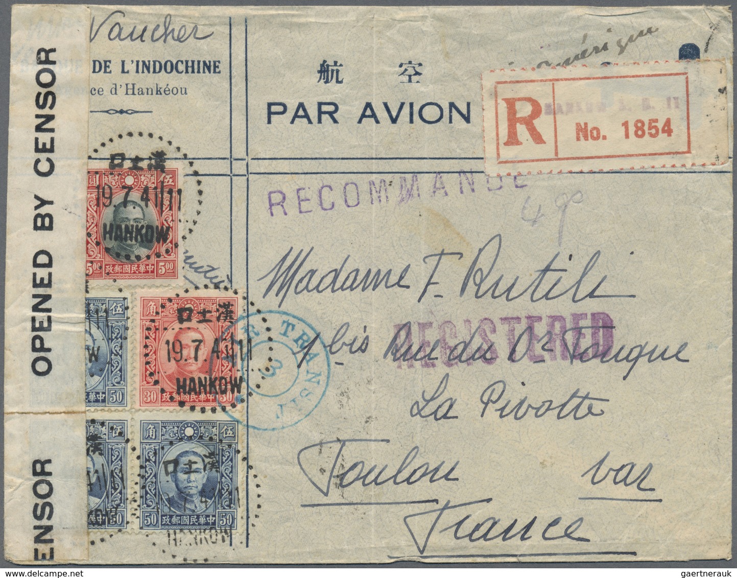 Br China: 1941, SYS $6.80 Franking Tied "HANKOW 19.7.41" To Registered Air Mail Cover To Toulon/France - Andere & Zonder Classificatie