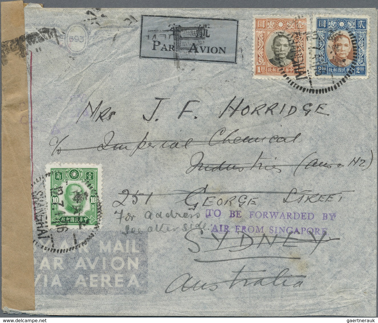 China: 1940, SYS Total $3.20 Tied "SHANGHAI 12.7.41" To Air Mail Cover To Sydney/Australia And Fwd. - Andere & Zonder Classificatie