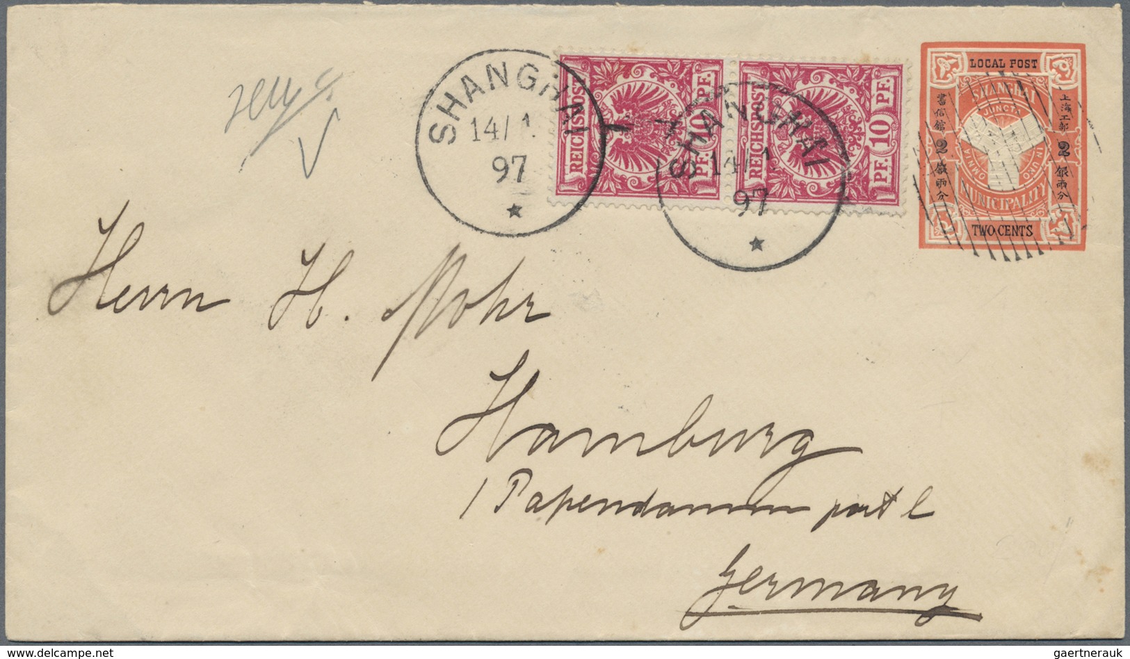 GA China - Shanghai: 1897, Envelope 2 C. Canc. Grill W. On Reverse „SHANGHAI LOCAL POST C JA 14 97“ In - Other & Unclassified