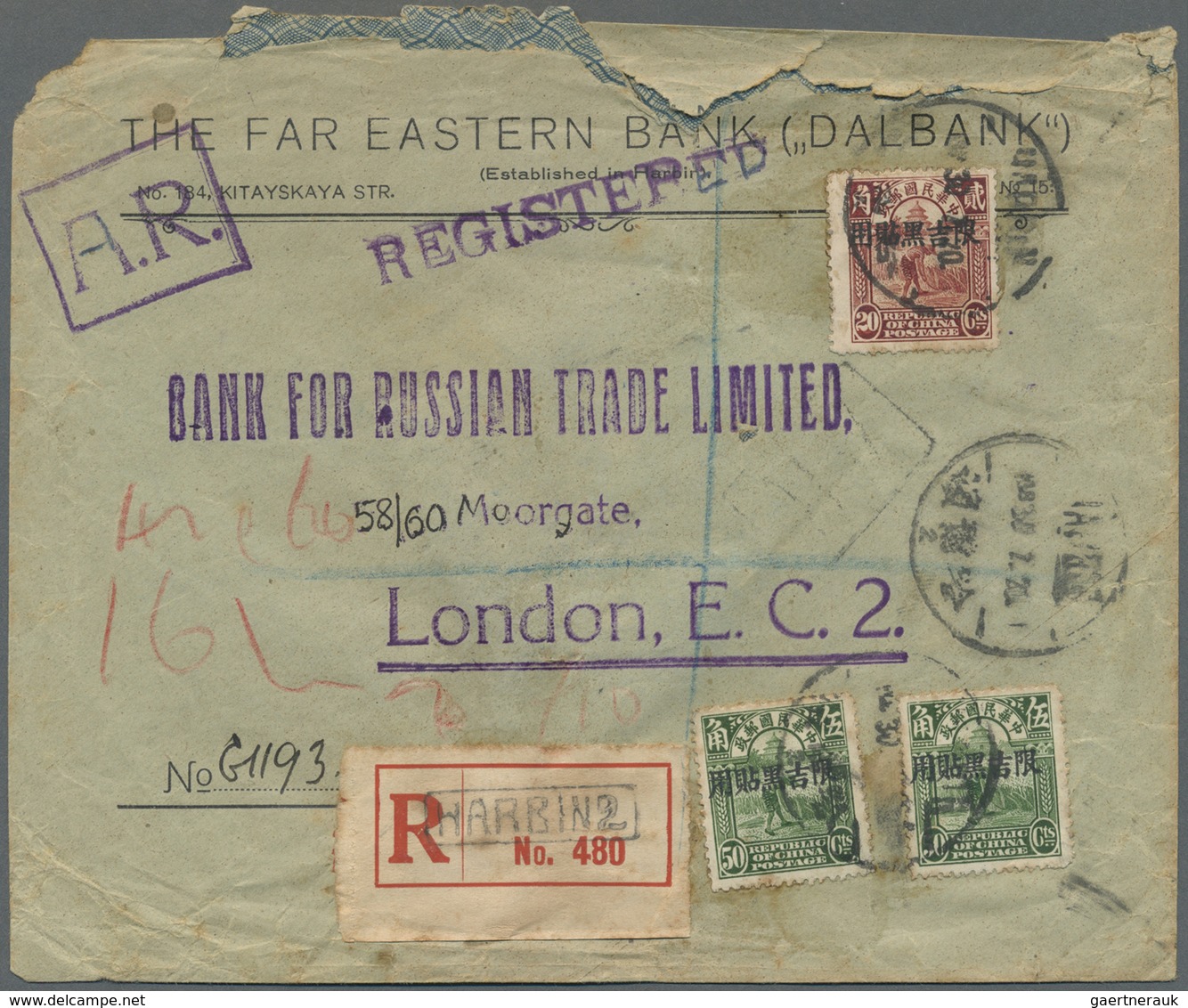 Br China - Provinzausgaben - Mandschurei (1927/29): 1927/1930: Two Registered Covers From Harbin To Lon - Mantsjoerije 1927-33