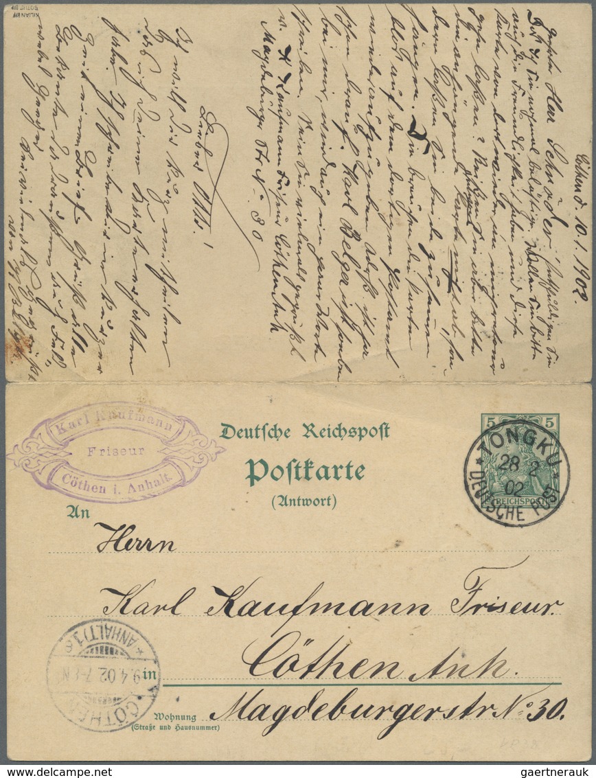 Br China - Besonderheiten: Incoming Mail, Germany, 5+5 Pf. Double Card Used "CÖTHEN 10.1.02" To Peitang - Other & Unclassified