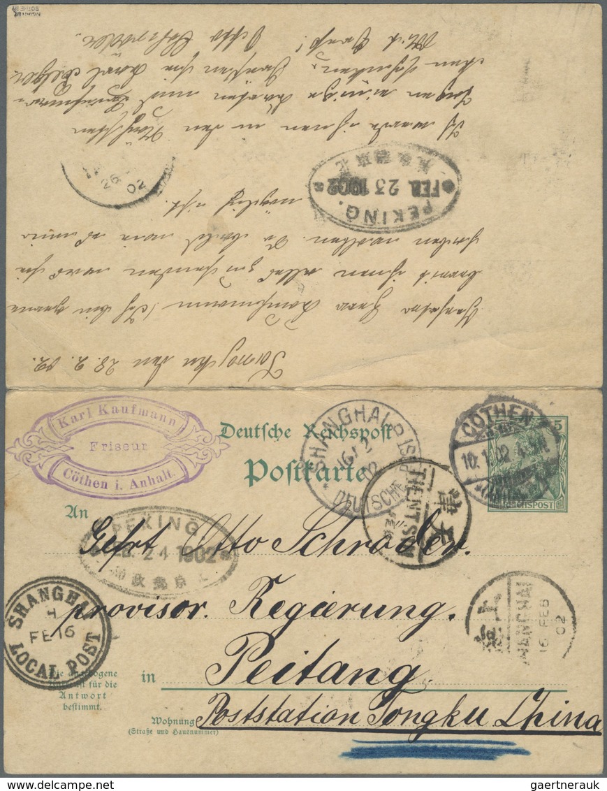 Br China - Besonderheiten: Incoming Mail, Germany, 5+5 Pf. Double Card Used "CÖTHEN 10.1.02" To Peitang - Andere & Zonder Classificatie