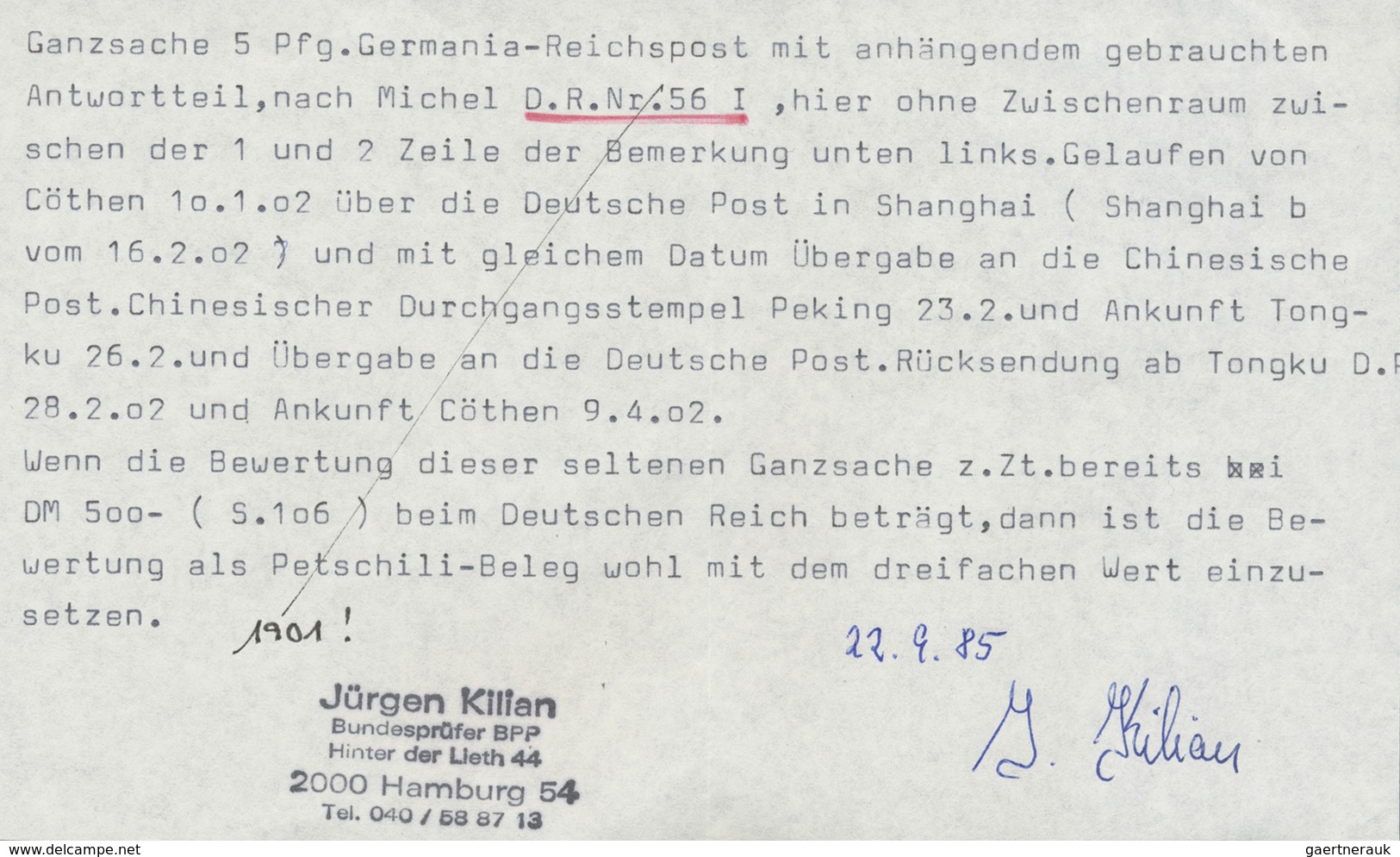 Br China - Besonderheiten: Incoming Mail, Germany, 5+5 Pf. Double Card Used "CÖTHEN 10.1.02" To Peitang - Other & Unclassified