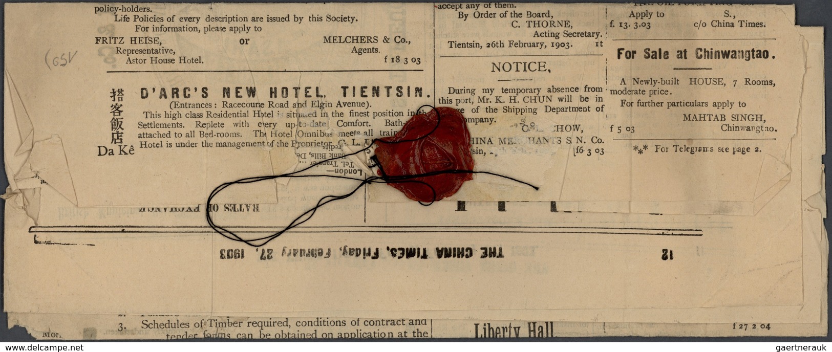 China - Besonderheiten: 1903, "THE CHINA TIMES" Vol. 3 No. 47, "Tientsin, Friday, February 27, 1903" - Andere & Zonder Classificatie