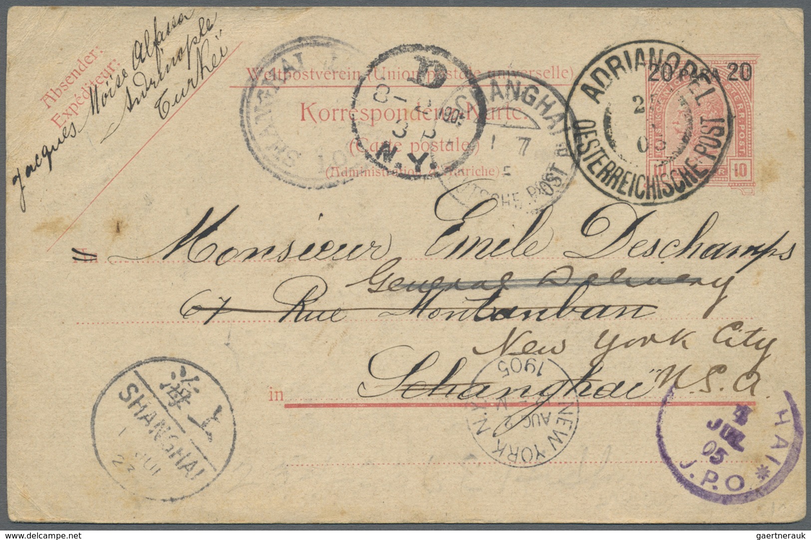 GA China - Besonderheiten: Incoming Mail, 1905, Turkey/Asutrian Offices, 20 P. Canc. "ADRIANOPEL 25 5 0 - Other & Unclassified