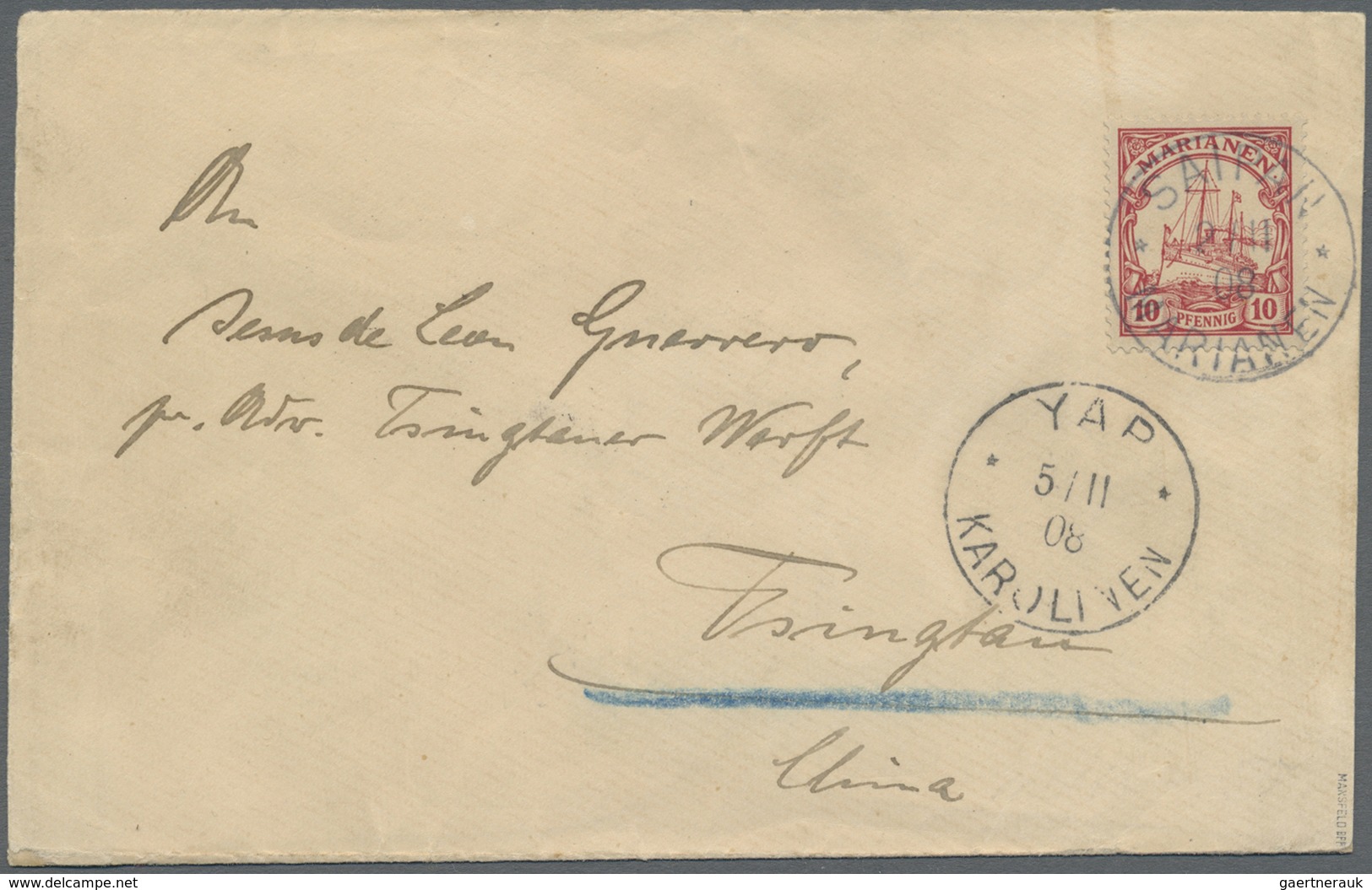 Br China - Besonderheiten: Incoming Mail, Mariana Islands, 1908, Yacht 10 Pf. Tied "SAIPAN 2/11 08" Via - Andere & Zonder Classificatie