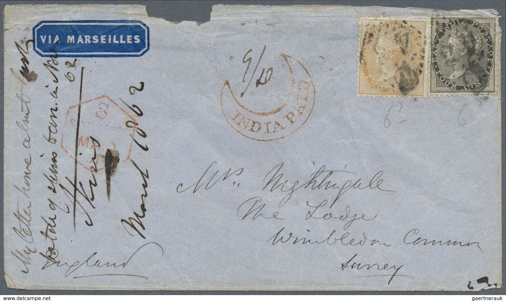 Br Indien: 1861-83 Five Covers Including 1860 QV 2a. Dull Pink Tied By Numeral "55" In BLUE To 1861 Cov - Altri & Non Classificati