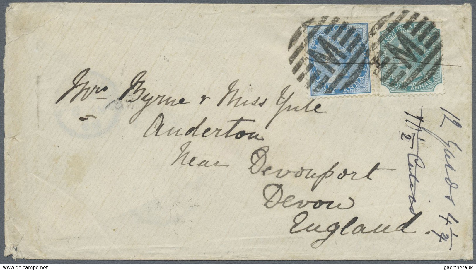 Br Indien: 1861-83 Five covers including 1860 QV 2a. dull pink tied by numeral "55" in BLUE to 1861 cov