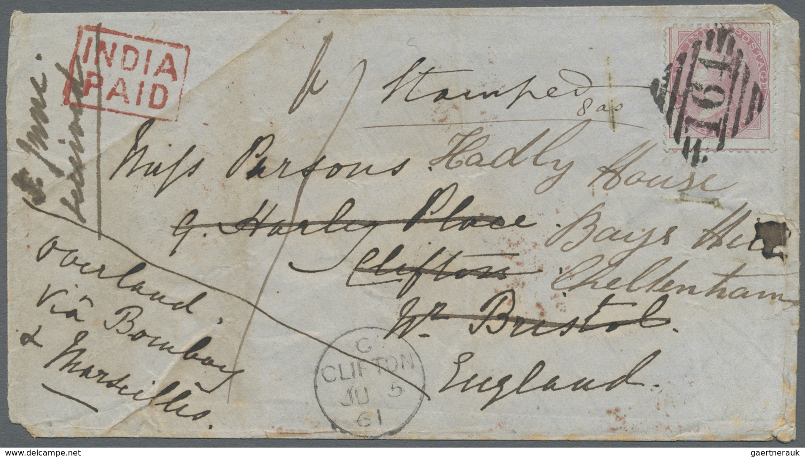 Br Indien: 1861. Envelope (small Faults) Addressed To England Bearing SG 36, 8a Carmine On Blue Glazed - Andere & Zonder Classificatie