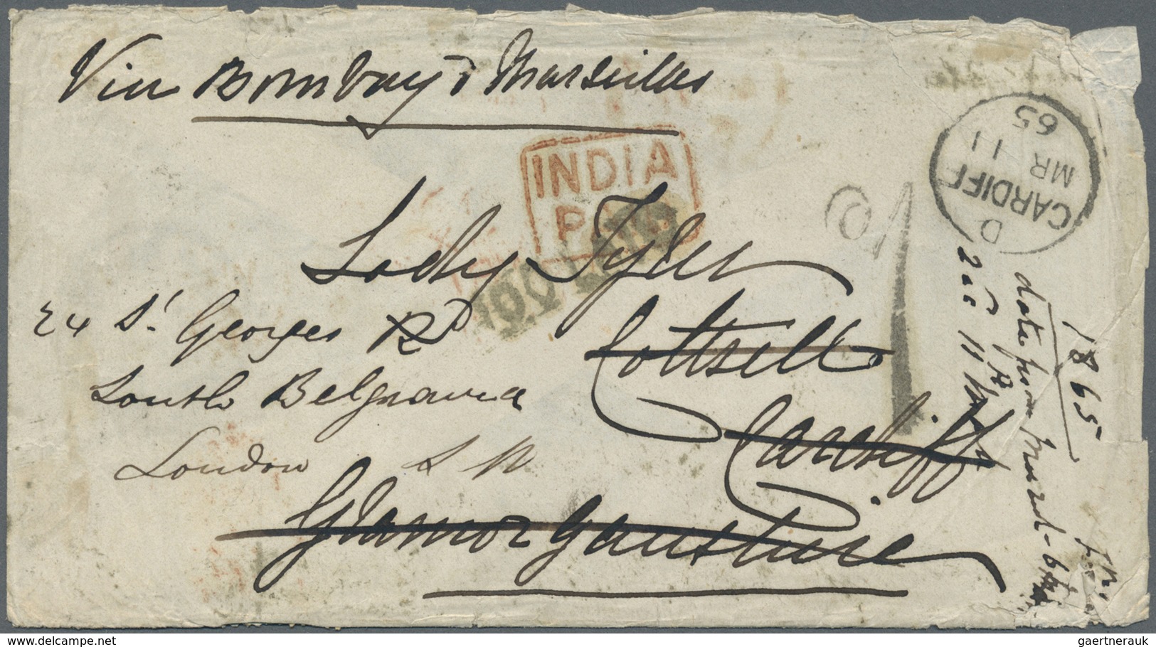 Br Indien: 1865 Two Covers (faults) To Great Britain, One Single 6a8p. Rate From Meerut To Cardiff And - Andere & Zonder Classificatie