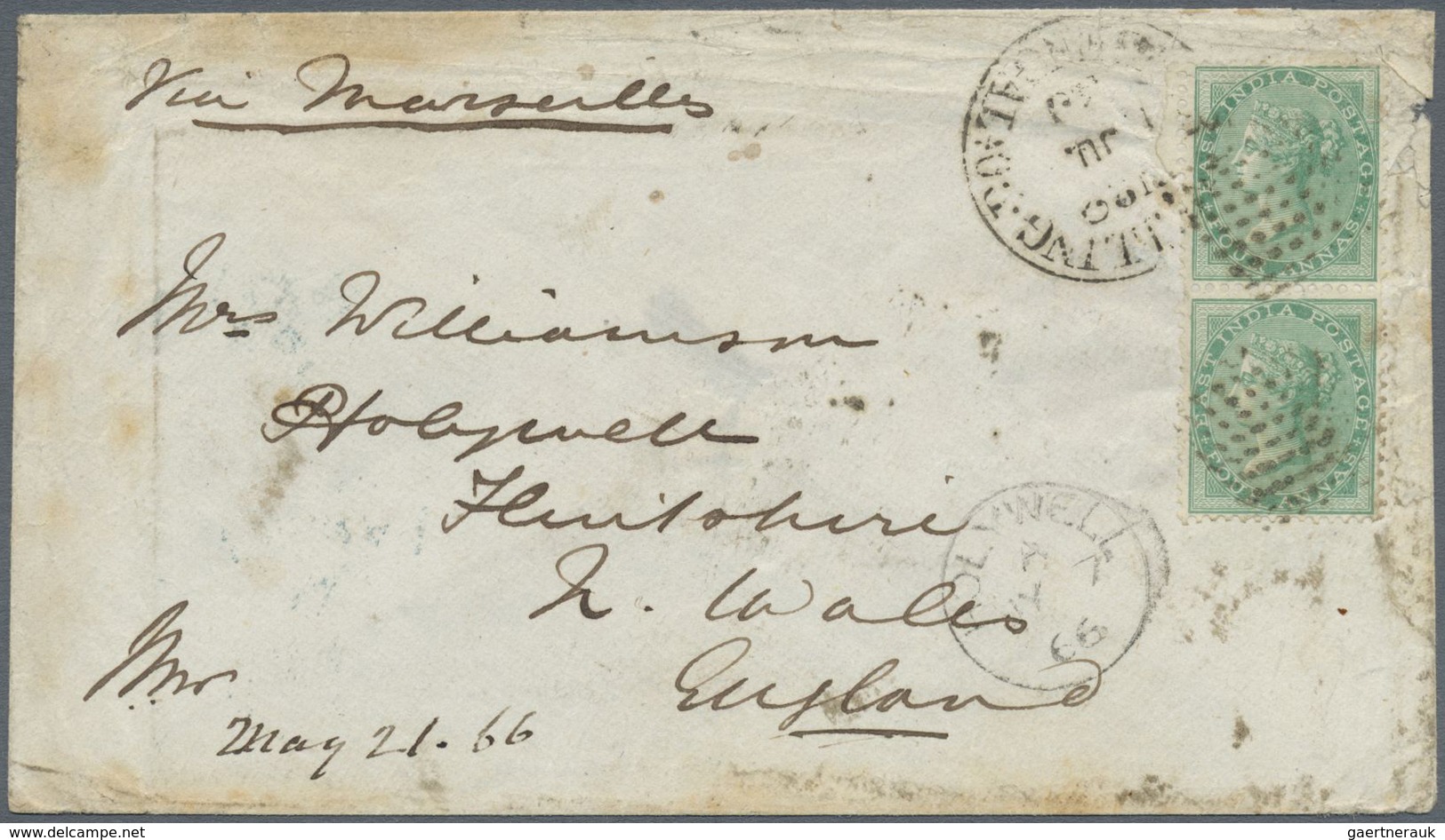 Br Indien: 1865 QV 4a. Green, Wmk 'Elephant', Vertical Pair Used On 1866 Cover From Doobree To Hobywell - Other & Unclassified