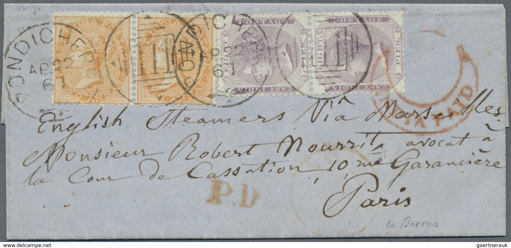 Br Indien: 1867. Small Envelope Addressed To Paris Bearing India SG 56, 8p Mauve (pair) And SG 61, 2a O - Andere & Zonder Classificatie