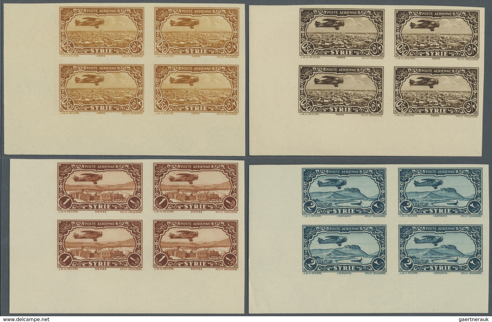 ** Syrien: 1931/1933, Airmails. 0.50pi. to 100pi., complete set of 13 values, IMPERFORATE marginal bloc