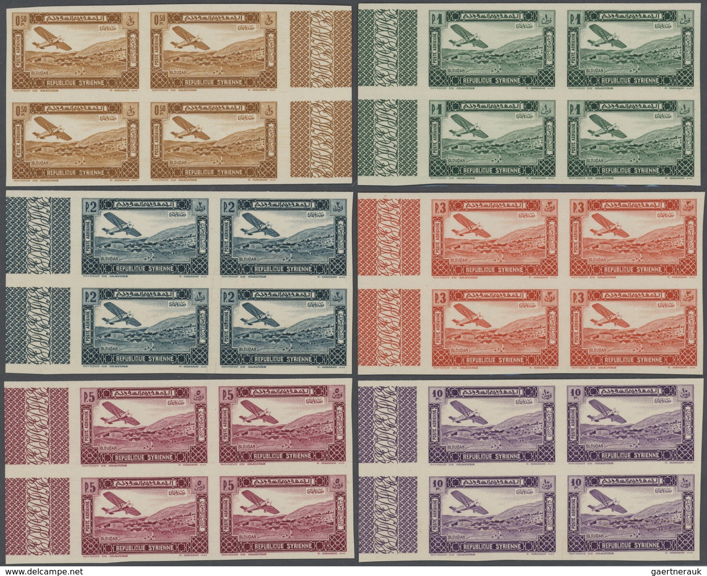 ** Syrien: 1934, 10 Years Republic complete imperf set blocks of four, mint never hinged, very fine and