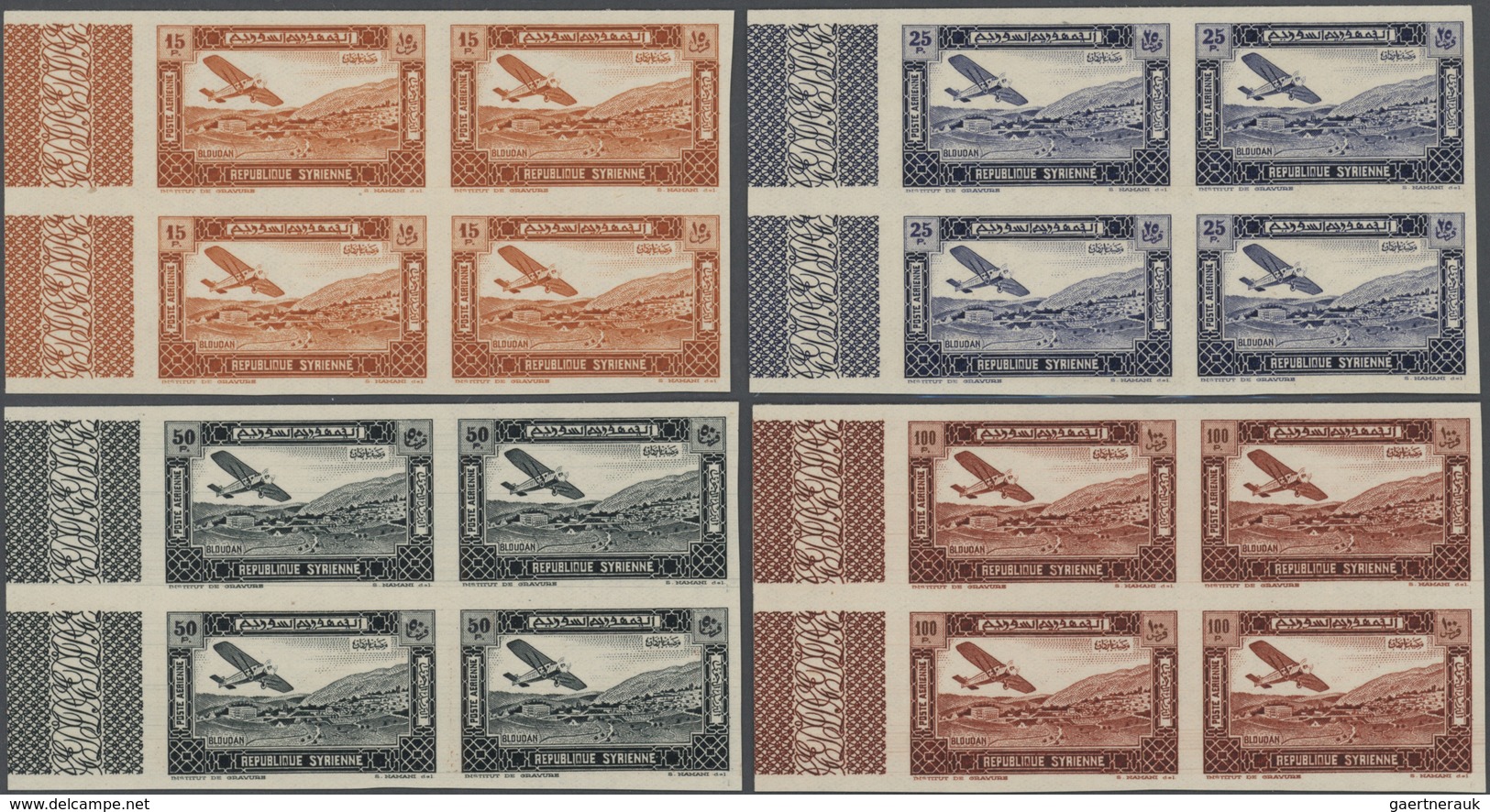 ** Syrien: 1934, 10 Years Republic complete imperf set blocks of four, mint never hinged, very fine and