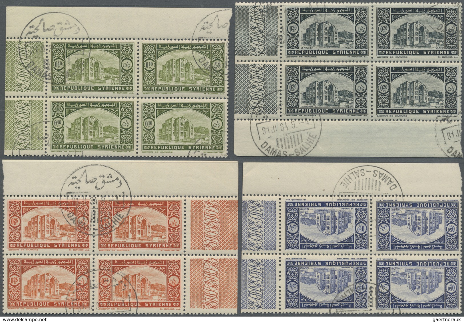 O Syrien: 1934, 10th Anniversary of Republic, 0.10pi. to 100pi., complete set of 29 values as marginal