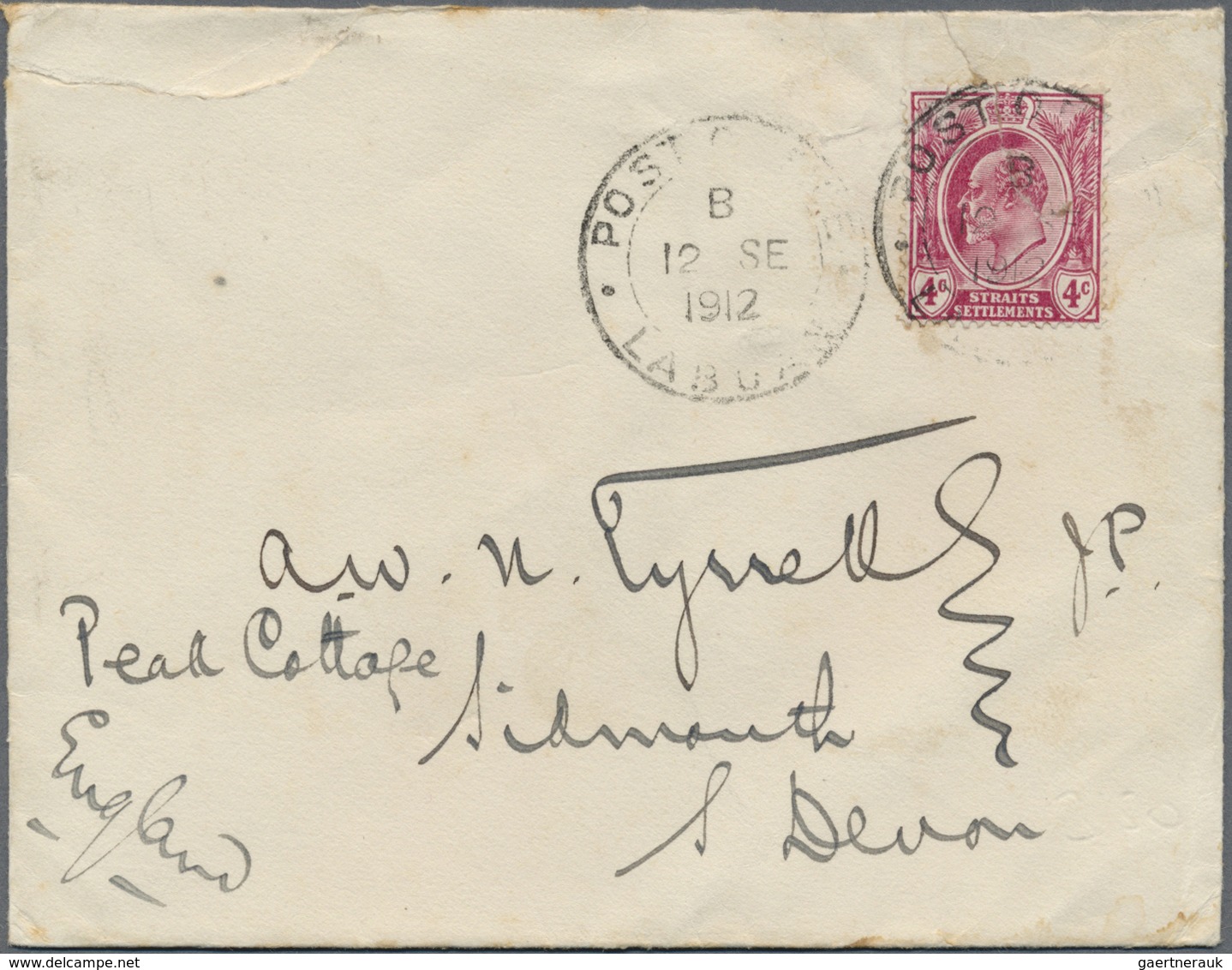 Br Labuan: 1912. Envelope (faults/tears) Addressed To England Bearing Straits Settlements SG 155, 4c Du - Other & Unclassified