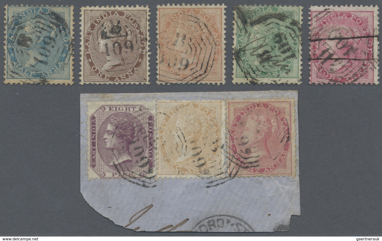 O/Brfst Malaiische Staaten - Straits Settlements: 1856-65: Group Of Eight Indian QV Stamps Used In Malacca, - Straits Settlements