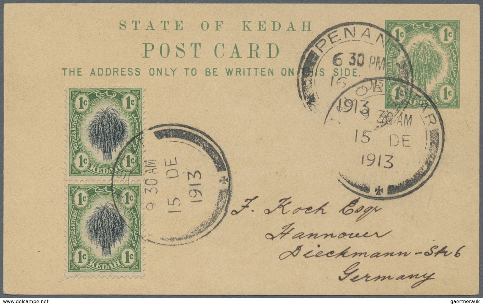 GA Malaiische Staaten - Kedah: 1913, 1 C Green Postal Stationery Card, Uprated With 2 X 1 C Black/green - Kedah