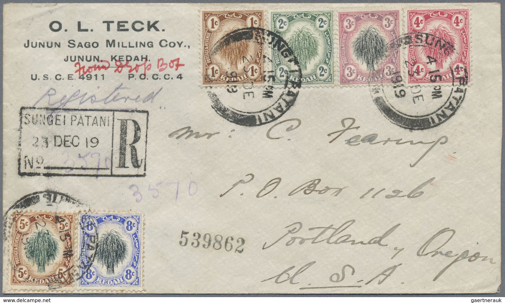 Br Malaiische Staaten - Kedah: 1919 Registered Cover From Sungei Patani To Portland, Oregon, USA Franke - Kedah