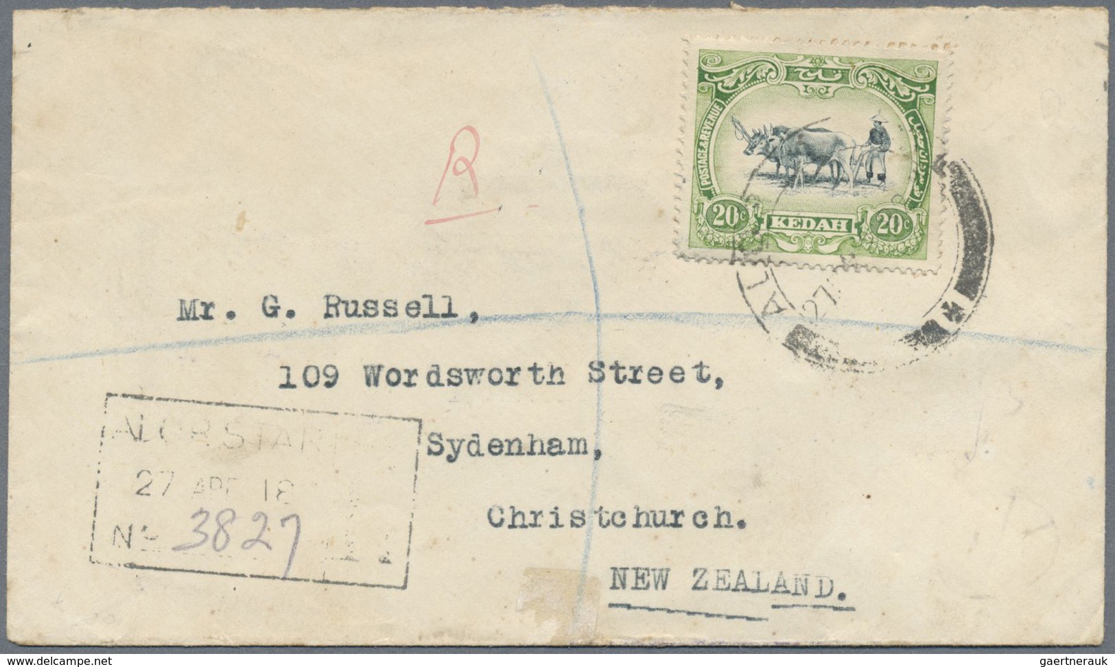 Br Malaiische Staaten - Kedah: 1918, 20 C Black/green, Single Franking On Registered Cover From ALOR ST - Kedah