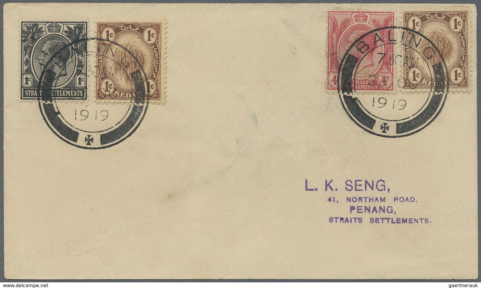 Br Malaiische Staaten - Kedah: 1919, 2 X 1 C Brown Together With Straits Settlements 1 C Black And 4 C - Kedah