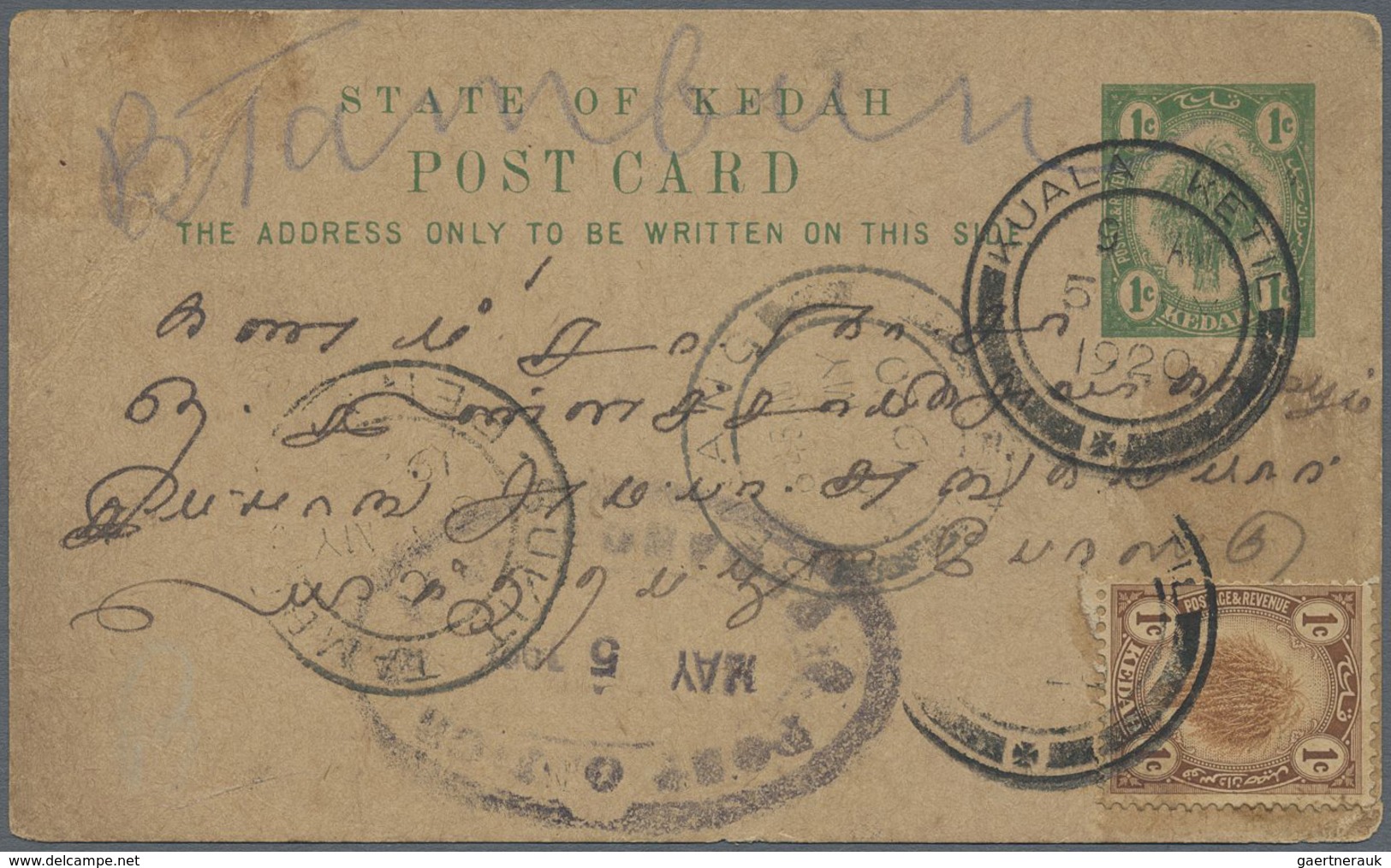 GA Malaiische Staaten - Kedah: 1920, 1 C Green Psc, Uprated With 1 C Brown, Sent From KUALA KETIL, 5.MY - Kedah