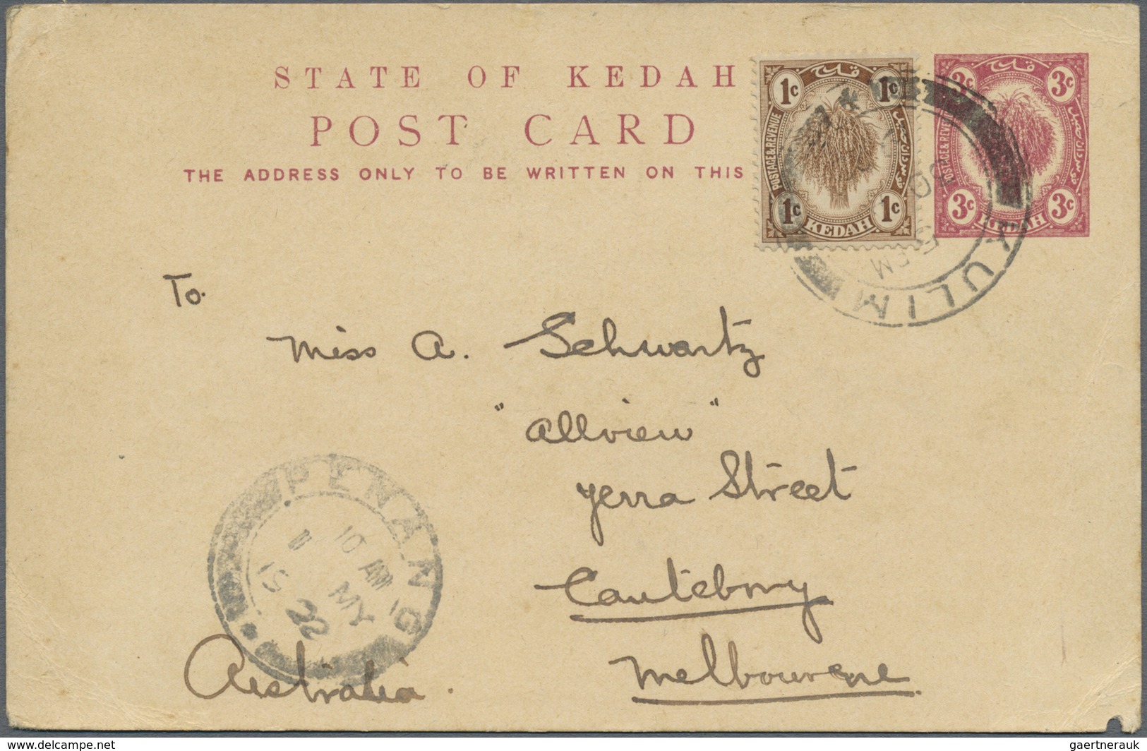 GA Malaiische Staaten - Kedah: 1922, 3 C Purple Psc Uprated With 1 C Brown From KULIM, 30 AP 22, Via Tr - Kedah
