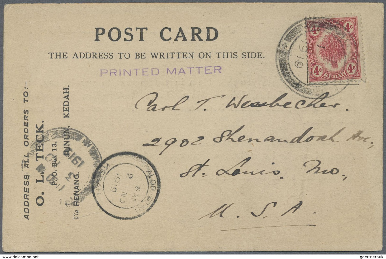 Br Malaiische Staaten - Kedah: 1919, 4 C Rose Single Franking On Business Postcard, Tied By Double-circ - Kedah