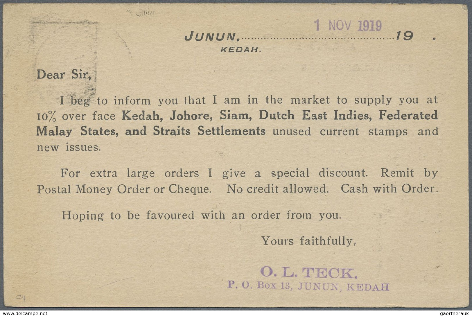 Br Malaiische Staaten - Kedah: 1919, 4 C Rose Single Franking On Business Postcard, Tied By Double-circ - Kedah