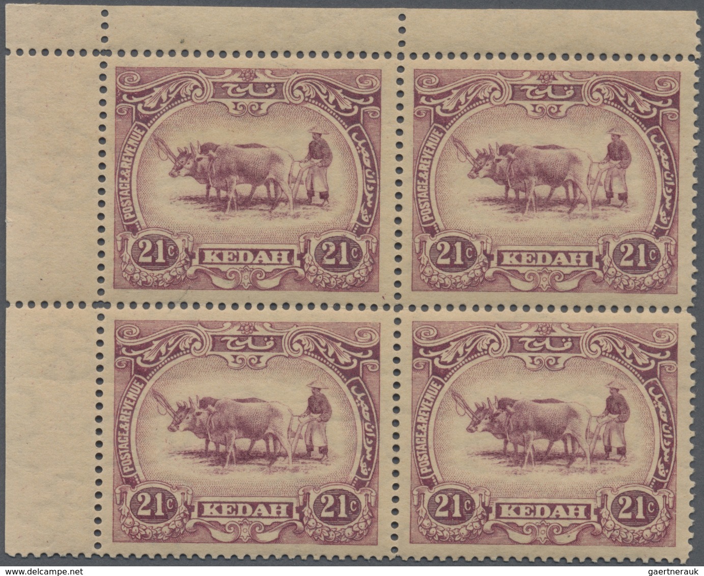 /** Malaiische Staaten - Kedah: 1919-21 21c. Mauve & Purple Top Left Corner Block Of Four, Variety WATER - Kedah