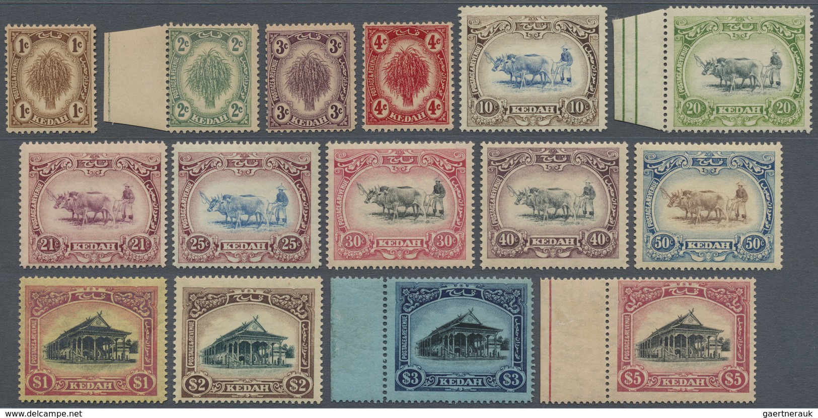 **/* Malaiische Staaten - Kedah: 1921-32 Complete Set Of 15 Values Up To $5, Four Stamps (40c, 50c, $1, $ - Kedah