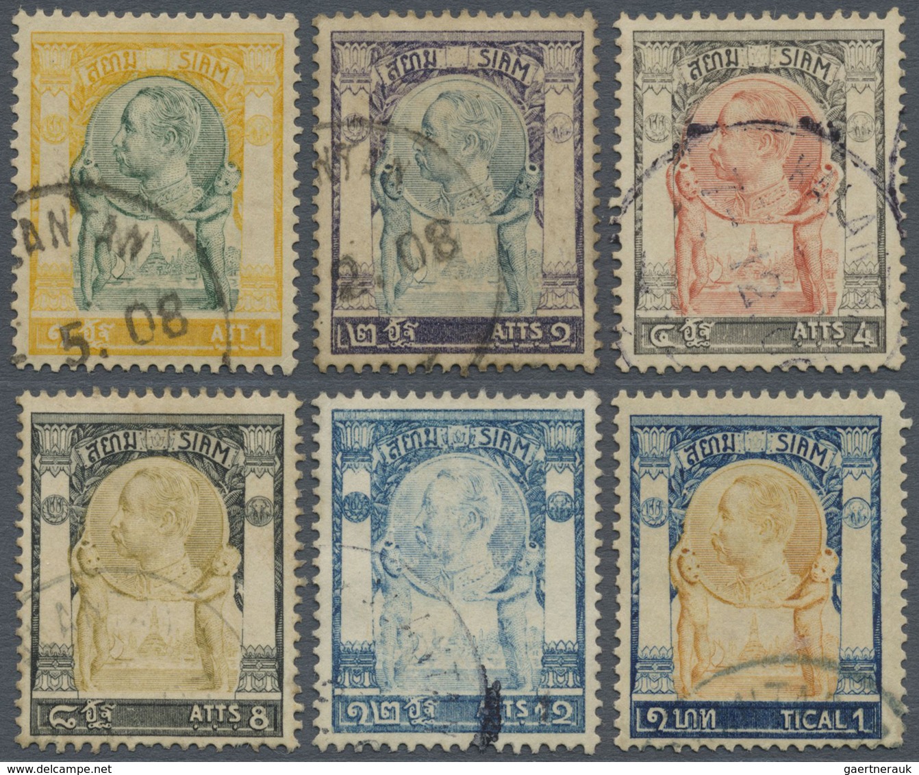O Malaiische Staaten - Kelantan: 1905-1909: Short Set Of Six SIAM 'Temple Of Light' Stamps Used At Kot - Kelantan
