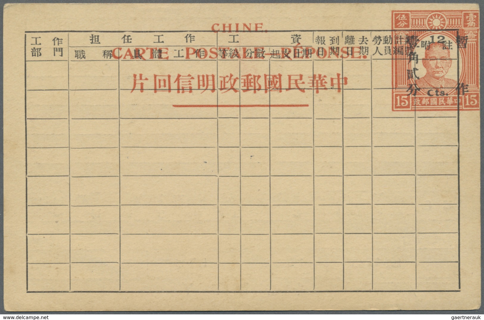 GA China - Ganzsachen: 1940 (ca.). Postal Stationery 'Reponse' 'Sun Yat-Sen' 12c On 15c Orange For Prov - Cartes Postales