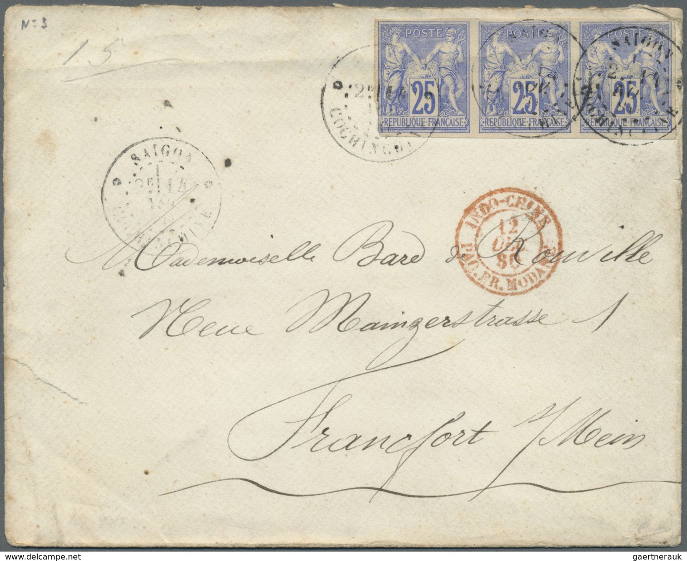 Br Cochinchina: 1880 French Colonies 25 C Blue Imperforated Strip Of Three On Envelope (tear) Sent From - Other & Unclassified