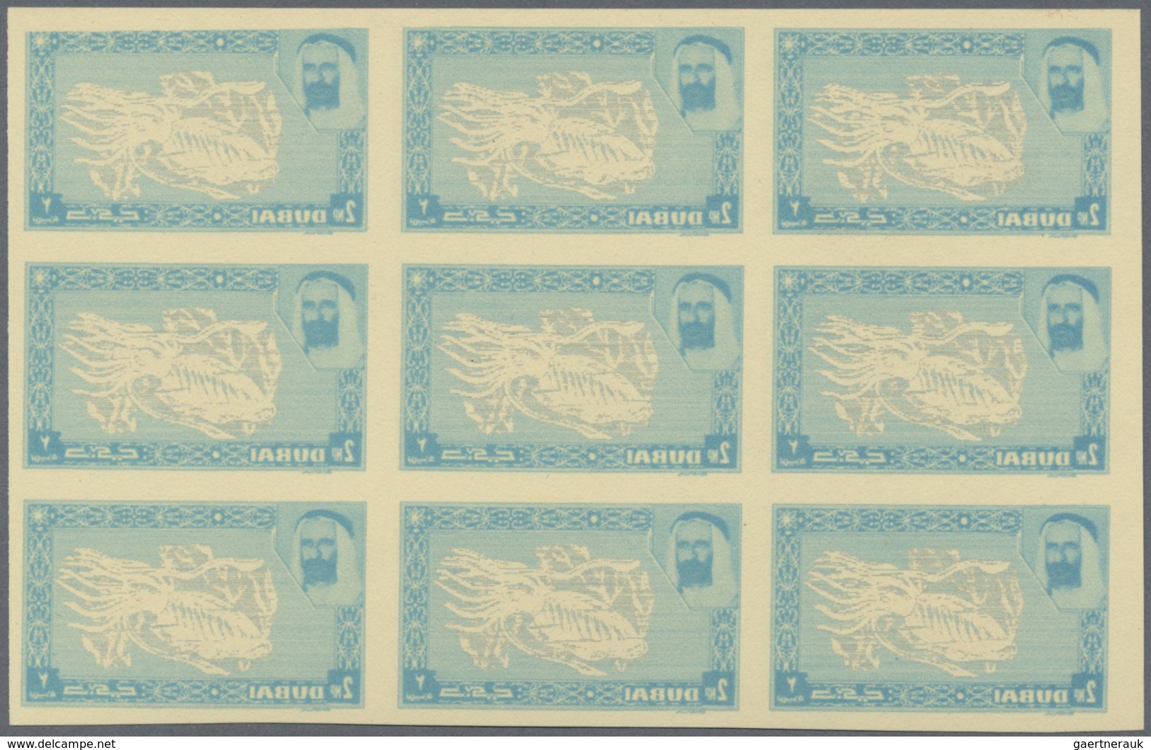 ** Dubai: 1963, Common Cuttlefish 2np. With OFFSET Of Blue Frame In An Imperf. Block Of 9, Mint Never H - Dubai