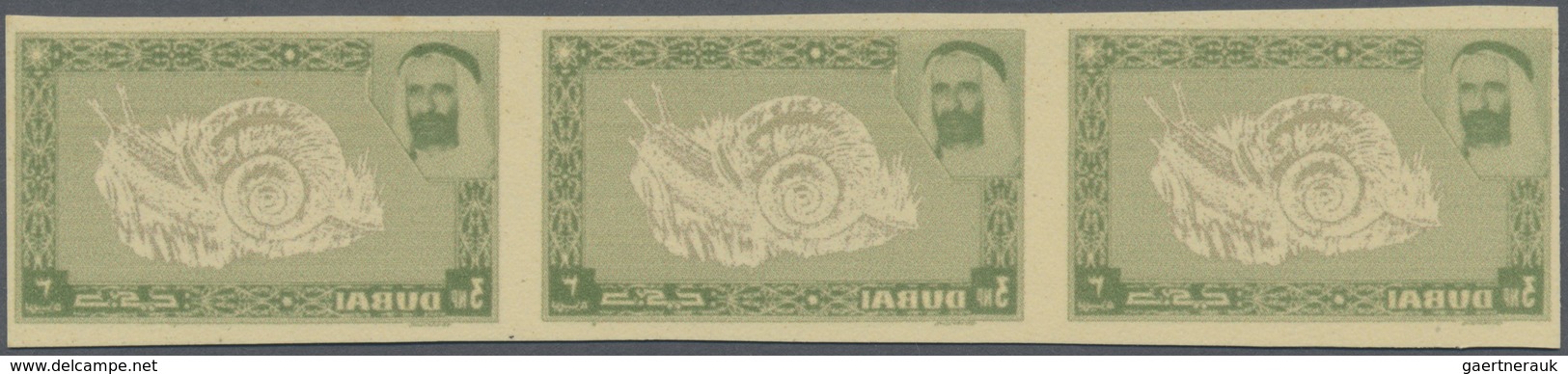 ** Dubai: 1963, Banded River Snail 3np. With OFFSET Of Green Frame In An Imperf. Horiz. Strip Of 3, Min - Dubai